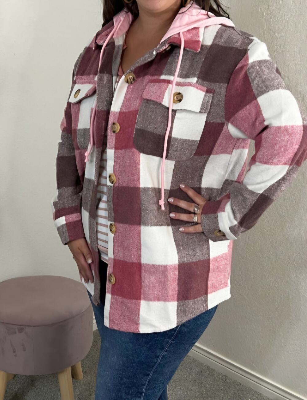 Pink Hooded Plaid Shacket / jacket / size 1x